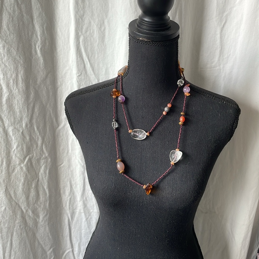Vintage Risa Benson Macramé Beaded Necklace – Quartz, Amethyst, Amber & More